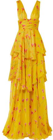 Paros Ruffled Tiered Printed Silk-chiffon Gown - Yellow