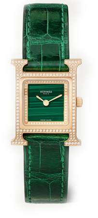 Hermes Green Heure H 21mm small 18 Karat Rose Gold Alligator Watch