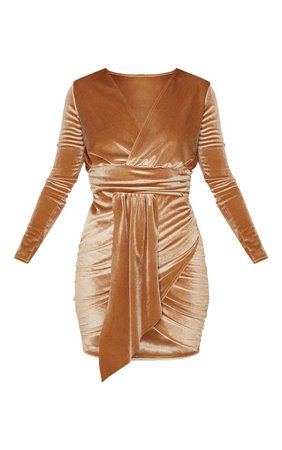 Mocha Velvet Drape Detail Ruched Bodycon Mini Dress | PrettyLittleThing USA