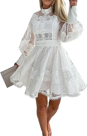 Amazon.com: Lace Dress for Women Long Sleeve Crewneck Solid Color Wedding Guest Dresses Ruffle Mini Cocktail Dress : Clothing, Shoes & Jewelry