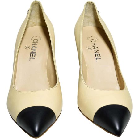 Chanel Cap Toe Pumps Beige and Black with CC Back Heels For Sale at 1stdibs