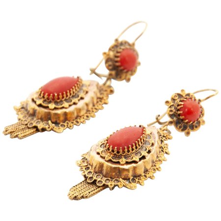 14K Yellow Gold Red Coral Dangle Earrings For Sale at 1stDibs