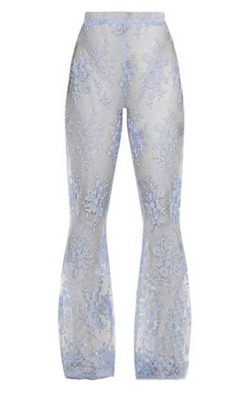 Dusty Blue Sheer Lace Flare Leg Trouser | PrettyLittleThing