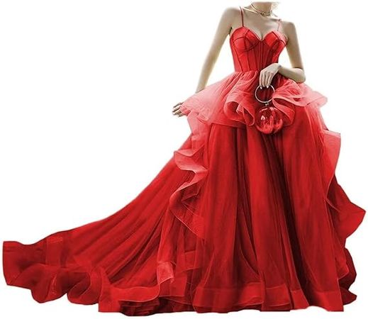 Mauuwy Spaghetti Straps Tulle Prom Dresses for Women Long Sweetheart Ball Gown Puffy Ruffled Evening Gowns with Train Y94 at Amazon Women’s Clothing store