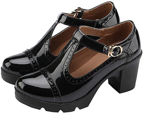 Amazon.com | DADAWEN Women's Classic T-Strap Platform Mid-Heel Square Toe Oxfords Dress Shoes Black US Size 9 | Pumps