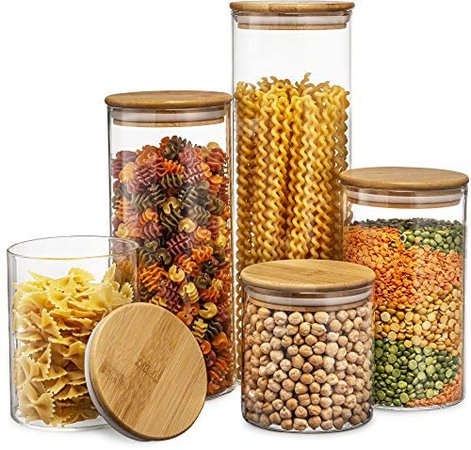 Amazon.com: Canister Set of 5, Glass Kitchen Canisters with Airtight Bamboo Lid, Glass Storage Jars for Kitchen, Bathroom and Pantry Organization Ideal for Flour, Sugar, Coffee, Cookie Jar, Candy, Snack and More : Home & Kitchen