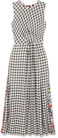 Paneled Checked Flannel And Floral-print Crepe Midi Dress - Black