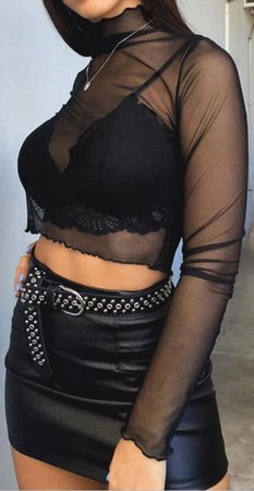 black long sleeve mesh top with black bra, black leather skirt-outfit