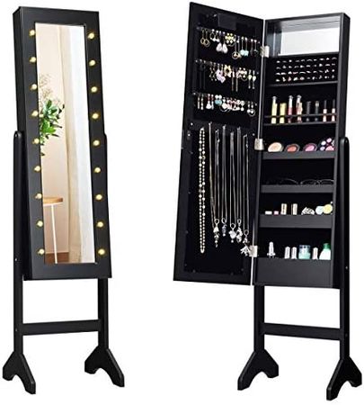 Amazon.com: Giantex Standing Jewelry Armoire with 18 LED Lights Around the Door, Large Storage Mirrored Jewelry Cabinet with Full Length Mirror, 16 Lipstick Holder, 1 Inside Makeup Mirror (White) : Clothing, Shoes & Jewelry