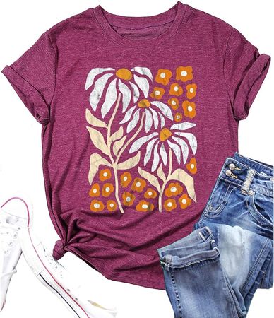 Vintage Flowers Tshirt Women Boho Distressed Wildflowers Graphic Tee Casual Short Sleeve Nature Shirts Tops (S, Purple) at Amazon Women’s Clothing store