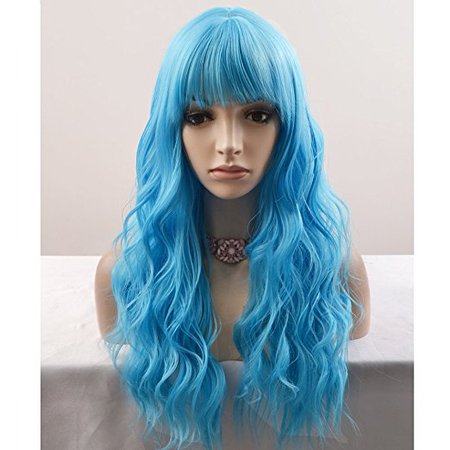 RightOn 23’’ Women Girls Lovely Synthetic Mix Color Long Curly Wigs Pin Curls with Neat Bangs Hairnet Included (Sky Blue)