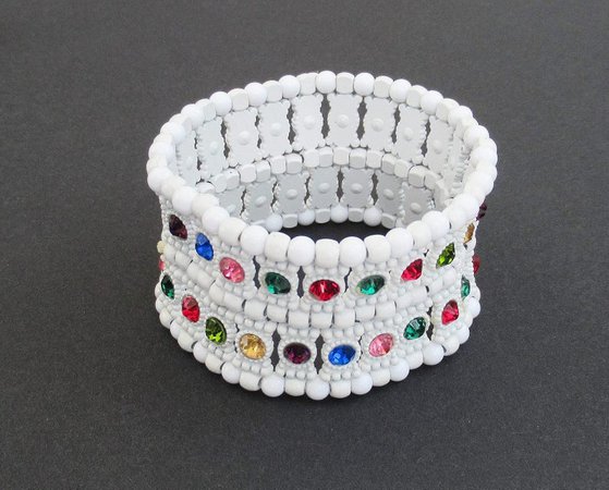 White Cuff Stretch Bracelet Multicolour Diamante Rhinestones | Etsy