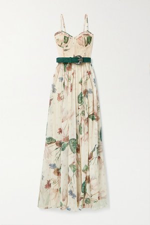 Sophia Belted Lace-paneled Floral-print Chiffon Maxi Dress - Beige