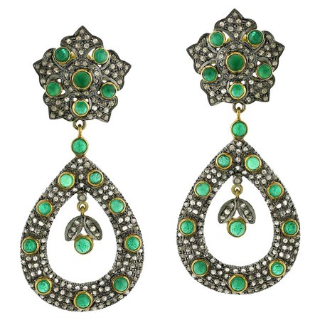 Designer Emerald and Diamond Dangle Earring in Gold and Silver For Sale at 1stDibs