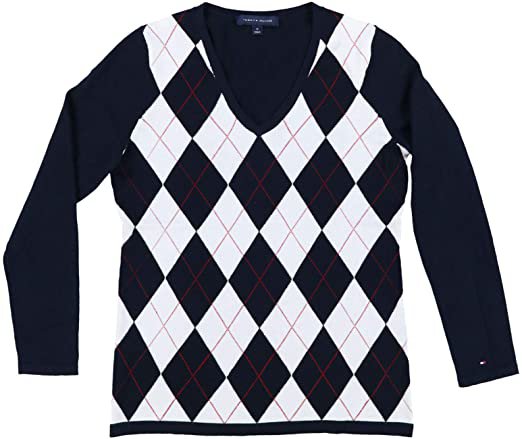 Tommy Hilfiger Womens Argyle Sweater (Large, Navy White) at Amazon Women’s Clothing store