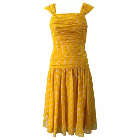 Adele Simpson 1980s Size 4 Yellow White Silk Chiffon Polka Dot Vintage 80s Dress For Sale at 1stDibs