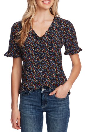 CeCe Ruffle Moroccan Ditsy Blouse | Nordstrom