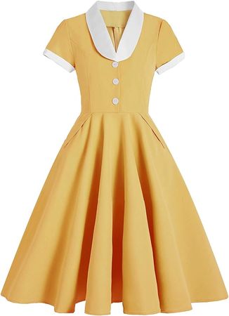 50s Dresses for Women 1950s 1940s Vintage Hepburn Short Sleeve Peter Pan Collar Rockabilly Retro Swing A Line Midi Summer Skater Tea Dress Cocktail Party Evening Prom Gown Plus Size Yellow+White M at Amazon Women’s Clothing store