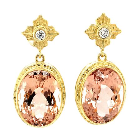 19.73 Carat Total Morganite and Diamond Yellow Gold Drop Dangle Earrings For Sale at 1stDibs