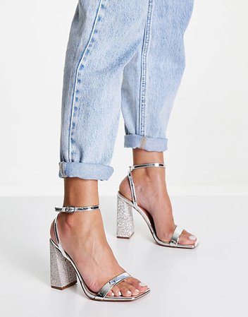 ASOS DESIGN Nora embellished block heel barely there heeled sandals in silver | ASOS