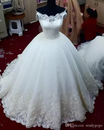 Discount 2018 Real Images Lace Ball Gown Wedding Dresses Off The Shoulder Pearls Sweep Train Appliques Tulle Lace Up Princess Church Bridal Gowns Cheap Wedding Gown Designer Lace Wedding Dresses From Readygogo, $166.84| Dhgate.Com