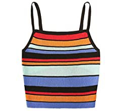 SweatyRocks Women's Sexy Strappy Striped Print Slim Fit Rib Knit Cami Crop Top 1-Multicolor S : Clothing, Shoes & Jewelry