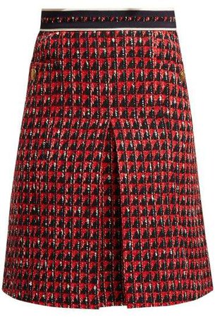 High Rise Geometric Tweed Midi Skirt - Womens - Red Multi