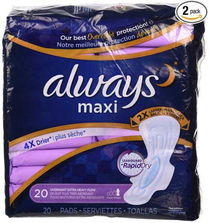 Amazon.com: Always Maxi Overnight Feminine Pads with Wings, Super Absorbency, Unscented, 20 Count - Pack of 2 (40 Total Count): Health & Personal Care