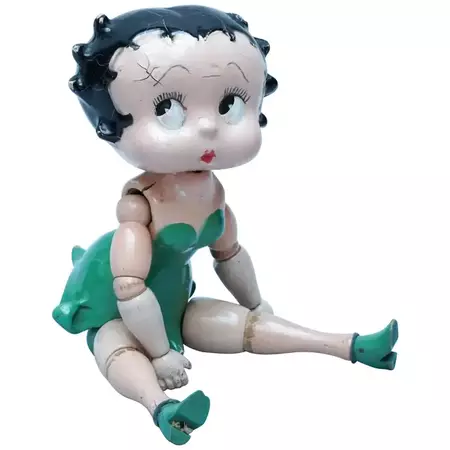 1930s American Wooden Jointed Betty Boop Green Dress Fleischer Studios Doll For Sale at 1stDibs | original betty boop doll, betty boop vintage doll, betty boop dolls value