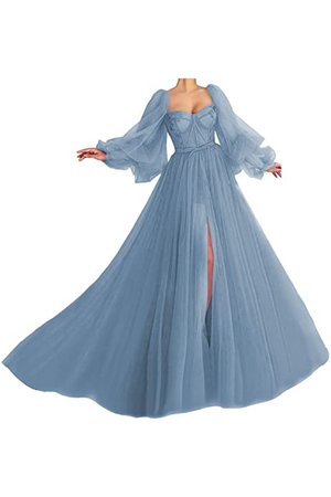 Mauwey Off The Shoulder Dusty Blue Prom Dresses with Sleeves Ruffle Puffy Ball Gown for Women Formal Long A-line Party Dress 8 at Amazon Women’s Clothing store