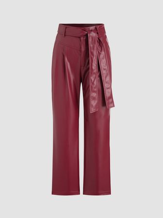 Solid PU Belted Straight Leg Pants - Cider