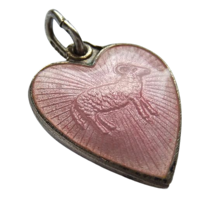 Scandinavian Guilloche Enamel Heart Charm. One side has a pink rose against white, the other a relief ram in pink enamel. Beautiful and unusual.