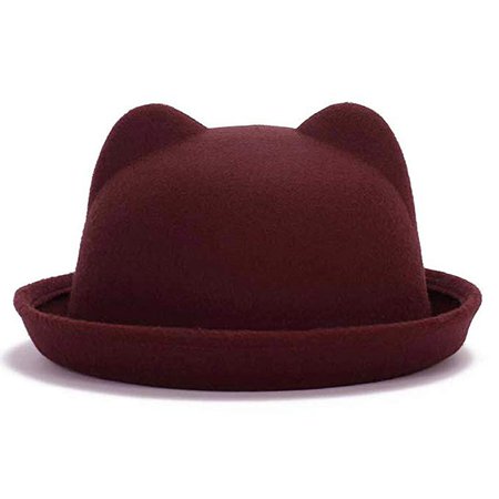Lujuny Cat Ear Wool Derby Hats - Cute Bowler Fedora Caps with Roll-up Brim for Women Youth (Black) at Amazon Women’s Clothing store