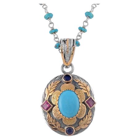 Emma Chapman Turquoise Ruby Sapphire 18 Karat Gold Silver Pendant For Sale at 1stDibs