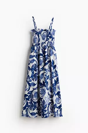 Smocked-bodice Dress - Sleeveless - Knee-length -White/blue floral -Ladies | H&M US