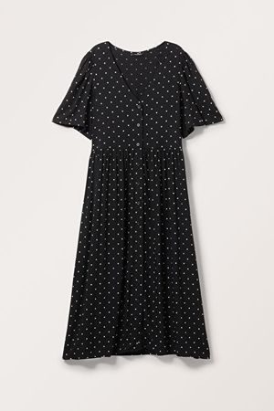 Relaxed v-neck midi dress - Black w. White Dots - Monki WW