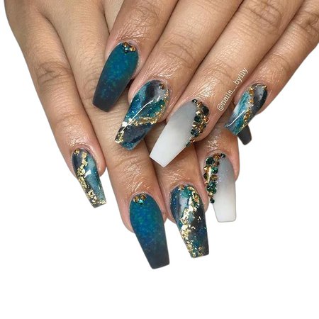 teal and gold design nails