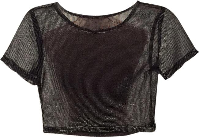 Black Metallic Sheer Crop Tee Shirt