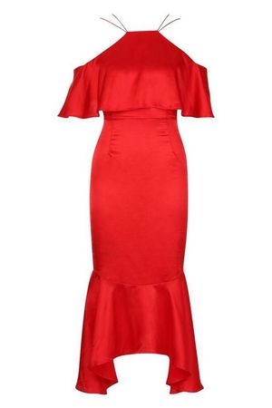 Strappy Ruffle Satin Midi Dress | Boohoo red