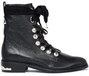 Embellished Lace-up Pebbled-leather Ankle Boots