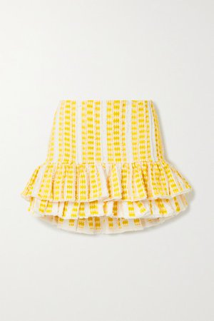 Frayed Ruffled Embroidered Cotton-gauze Mini Skirt - Yellow