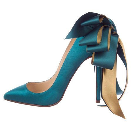 Christian Louboutin NEW Teal Blue Green Satin Gold Evening Heels Pumps in Box