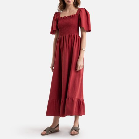 Linen mix maxi dress with short puff sleeves , brick red, La Redoute Collections | La Redoute