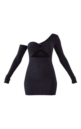 Black Glitter Asymmetric Ring Detail Bodycon Dress | PrettyLittleThing USA