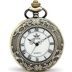 Amazon.com: SEWOR Quartz Pocket Watch Shell Dial Magnifier Case with Two Type Chain (Leather+Metal) (Silver-1) : Clothing, Shoes & Jewelry