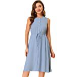 Allegra K Women's Casual Button Front Solid Color Drawstring Waist Sleeveless Dress X-Small Light Blue at Amazon Women’s Clothing store