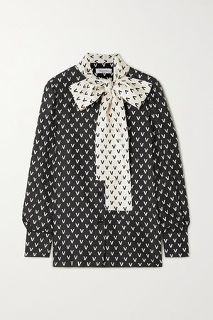 Black Pussy-bow printed silk-satin blouse | Valentino | NET-A-PORTER