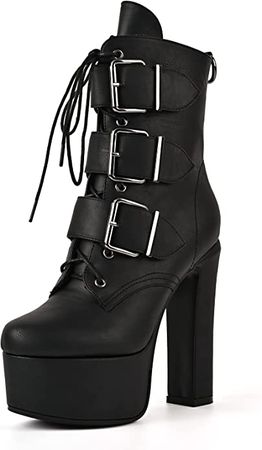 Women's Goth Platform Chunky High Heels Combat Ankle Boots Sexy Closed Toe Lace Up Stripper Buckle Punk Booties