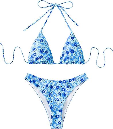 Amazon.com: SOLY HUX Women's Floral Print Halter Triangle Tie Side Bikini Bathing Suits 2 Piece Swimsuits Ditsy Floral Blue L : Clothing, Shoes & Jewelry