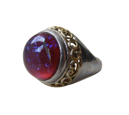 Vintage Heavy 11.4g British Hallmark Solid Sterling Silver 925 Gold Accent Red Blue Glass Dragons Breath Cabochon Ring Size UK P - US 7.5